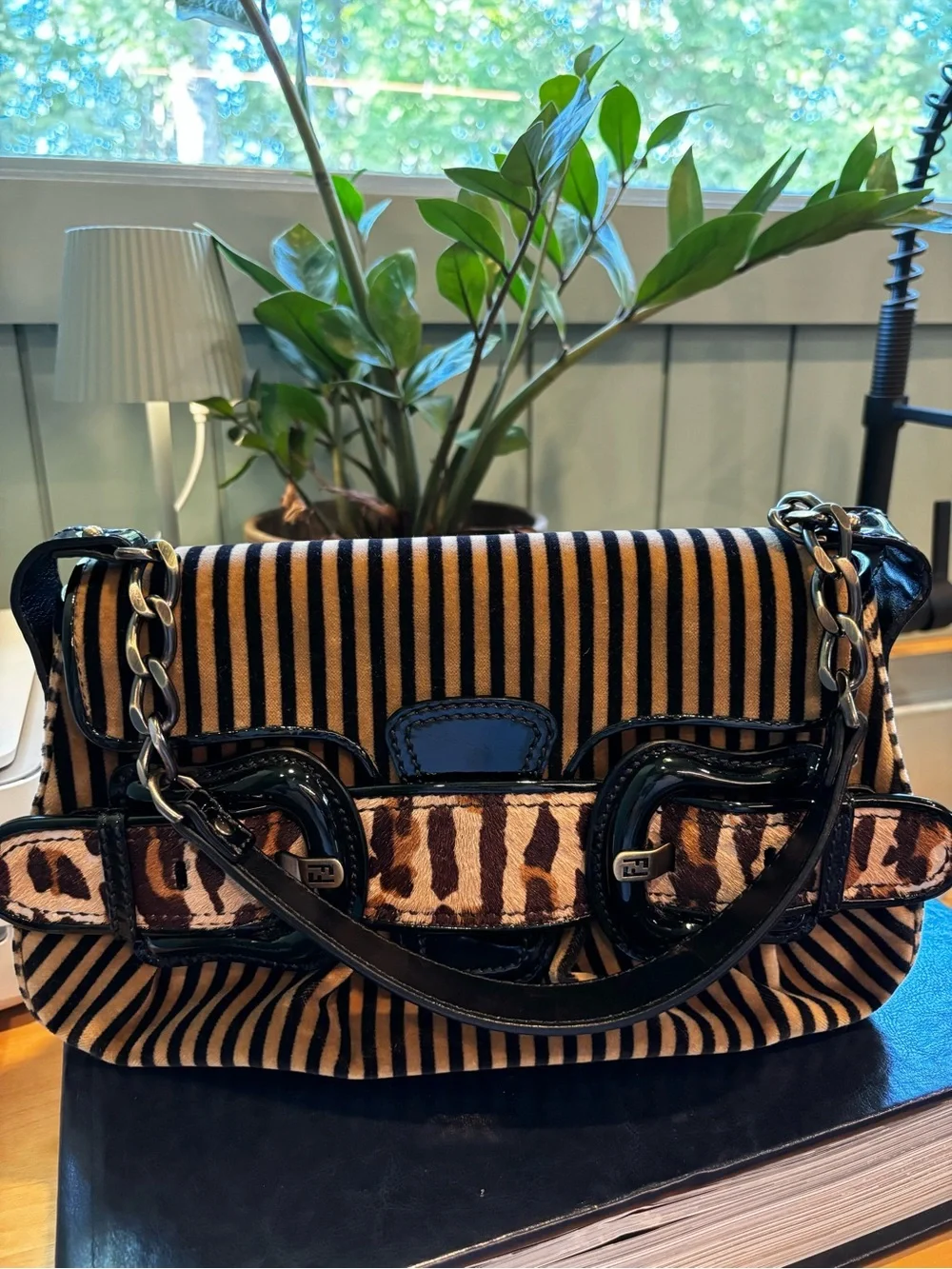 FENDI Pony Hair Stripe Leopard Baguette Shoulder Bag Patent Leather Rare - Picture 2 of 16